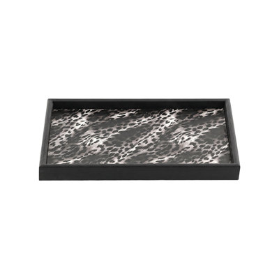 Leopard Print Wood Serving Tray with Black Frame, Decorative Rectangular Catchall Tray for Console and Entryway