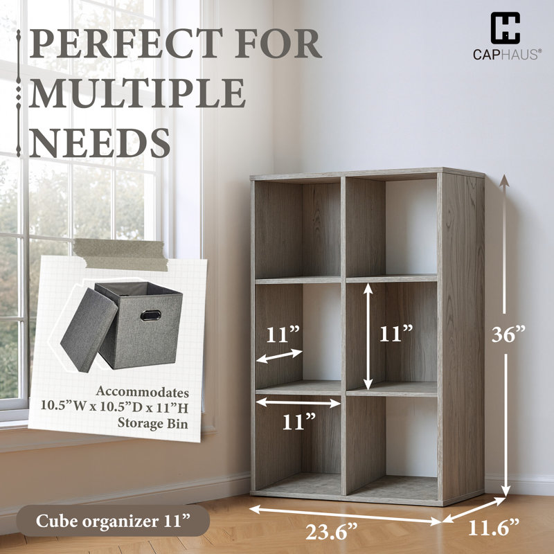 6-Cube Storage Organizer Shelf, Home Storage Shelf Divider w/ Back, 11-Inch Storage Bookcase, Dark Grey , Dark Grey, 6 Cube