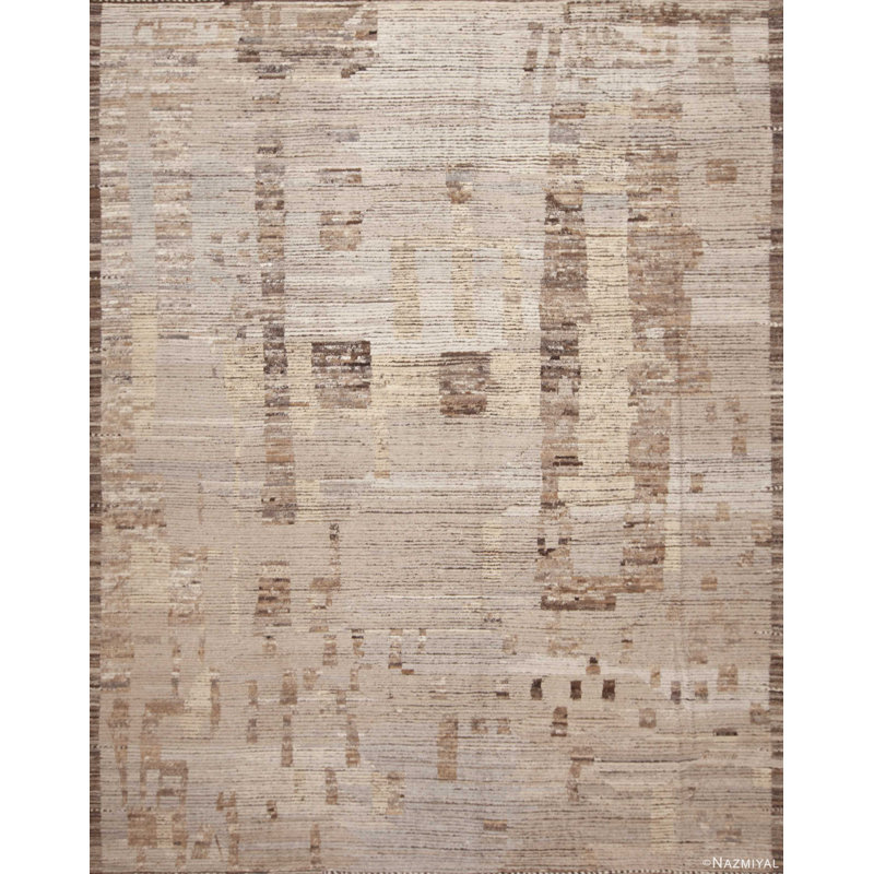Tapis de couleur neutre terreux moderne à motif géométrique abstrait de conception tribale unique en son genre
