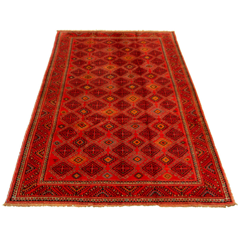 Tapis de couloir en laine de style noué à la main des années 1980 de conception unique 4 pi 11 po x 9 pi 11 po Tapis décoratif rouge