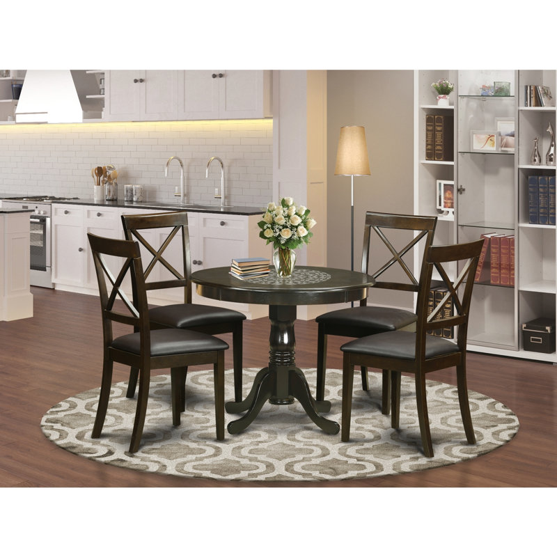 5 Piece Dining Room Furniture Set Includes a Round Dining Table with Pedestal and 4 Linen Fabric Chairs, Cappuccino