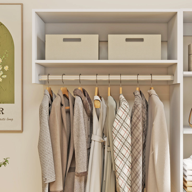 Système d'organisation modulaire en bois blanc avec 2 tringles, 8 tablettes et 8 tiroirs