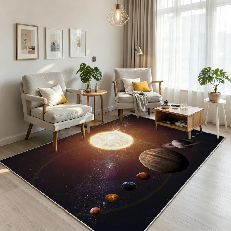 Tapis transparent transparent lavable à la machine, avec système solaire montrant les planètes, Rectangle 71" x 98"
