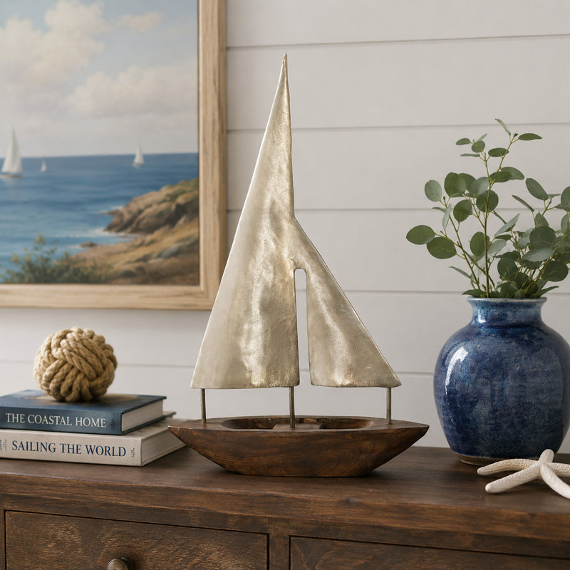 Jordana grandes voiles - sculpture de bateau en bois teint naturel