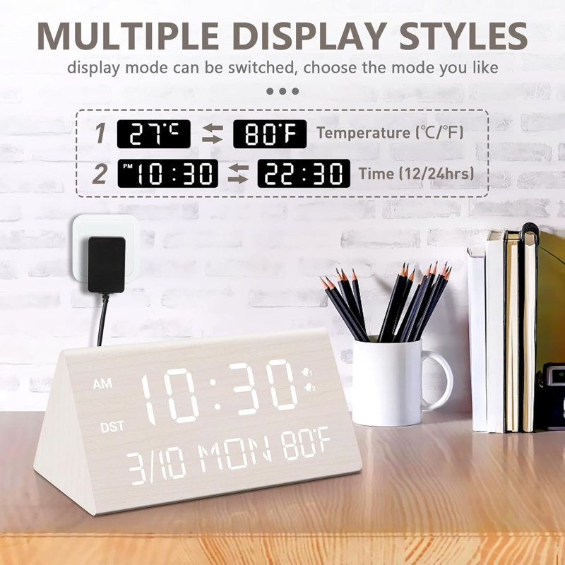 Wooden Digital Alarm Clock, 0-100% Dimmer(White), White