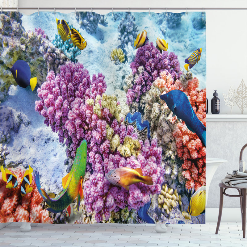 Rideau de douche simple corail and fish décoration, H 69 po x l 75 po
