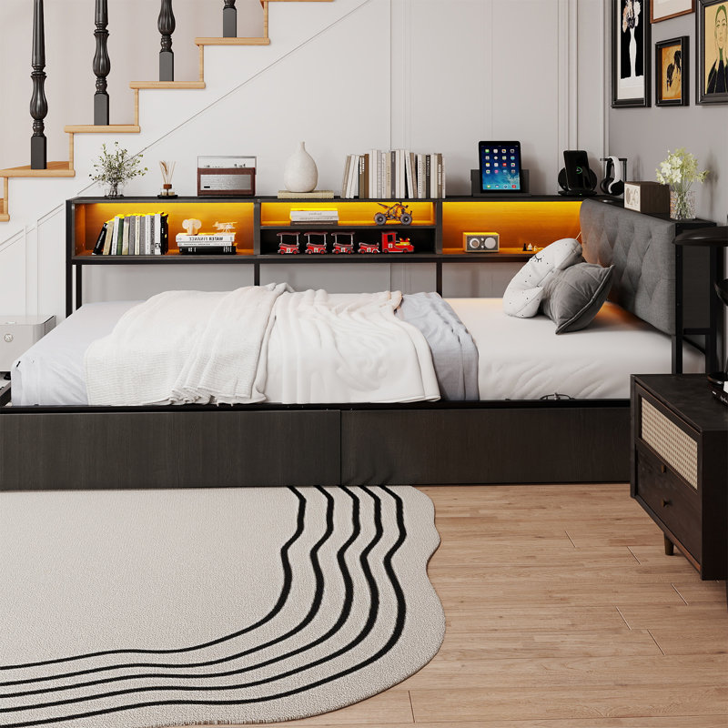 Twin XL Corner Bed Frame with Upholstered Headboard and LED Lights,Daybed with 2 Storage Drawers,Charging Station and Storage Bookcase