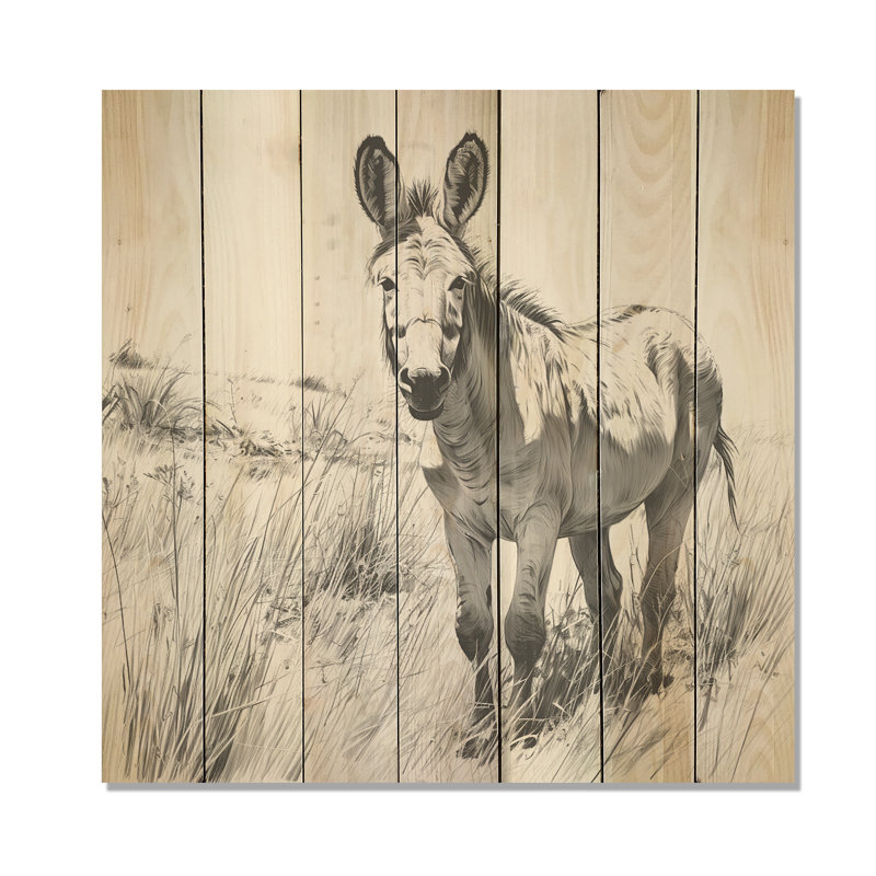 «Donkey Meadow Journey» en noir et blanc - impression sur bois, H 30 po x l 30 po