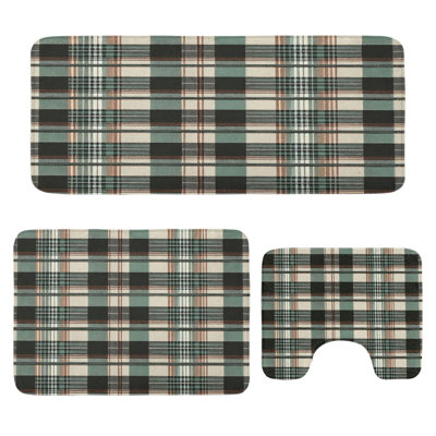  Plaid Bathroom Rug Set 3 Pieces U-Shape & Rectangle Mats Charcoal Grey Sage Green