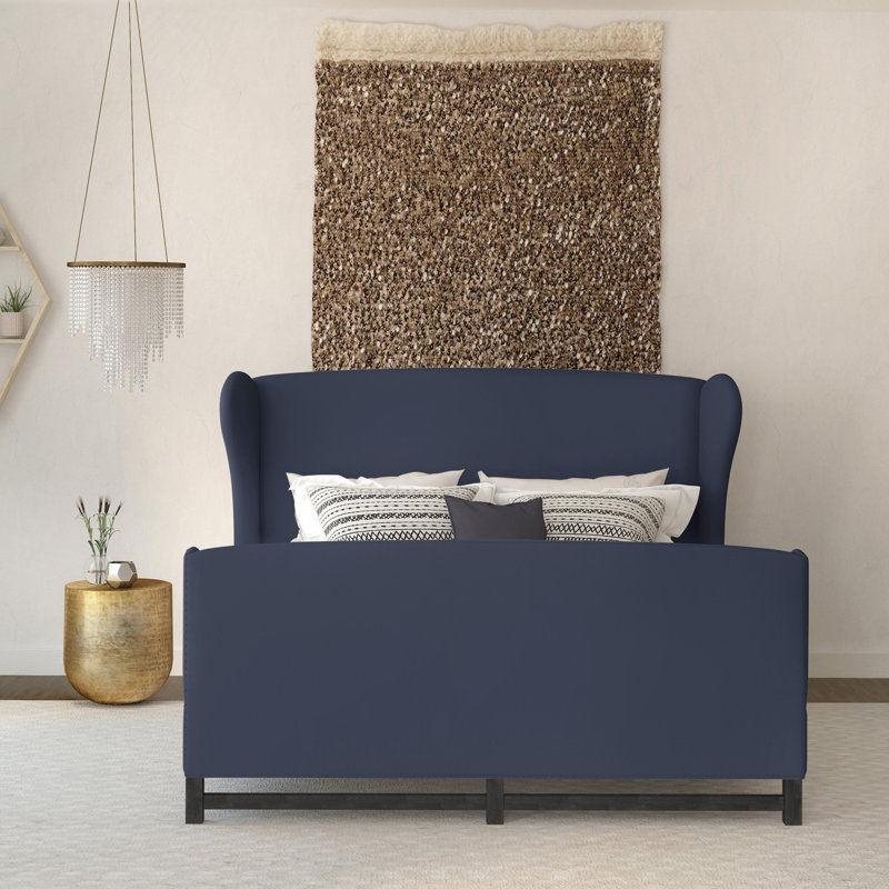 Herbert Upholstered Wingback Bed, Full, Box Weave Linen Blue Print, Ebony