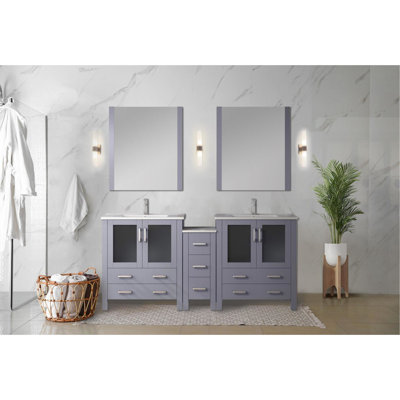 72 In. W Double Bath Vanity In Dark Grey Tone, White Ceramic Top, 28 Mirrors, Soft - Close Drawer Design, Stain Counter With Side Cabinets, Feature, Countertop Surface