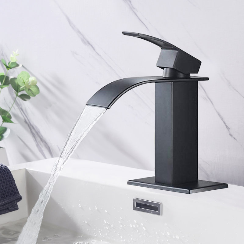 Matte Black Waterfall Spout Bathroom Faucet, Single Handle, Stainless Steel Sink Spout,, Matte Black