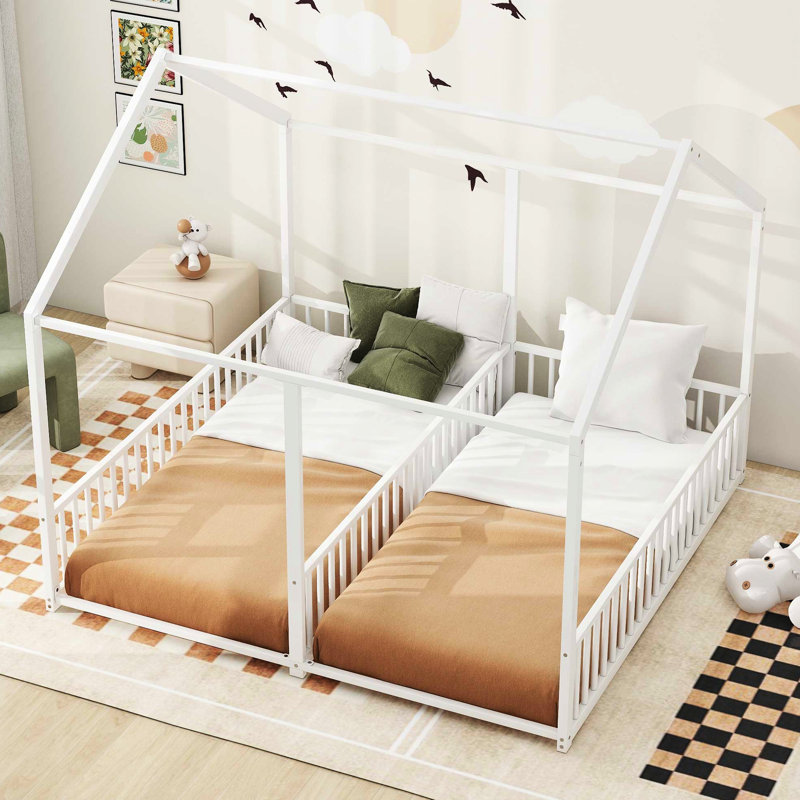 Lit plateforme simple en métal, forme maison avec garde-corps stables, taille maison blanche 2 en 1, Blanc antique