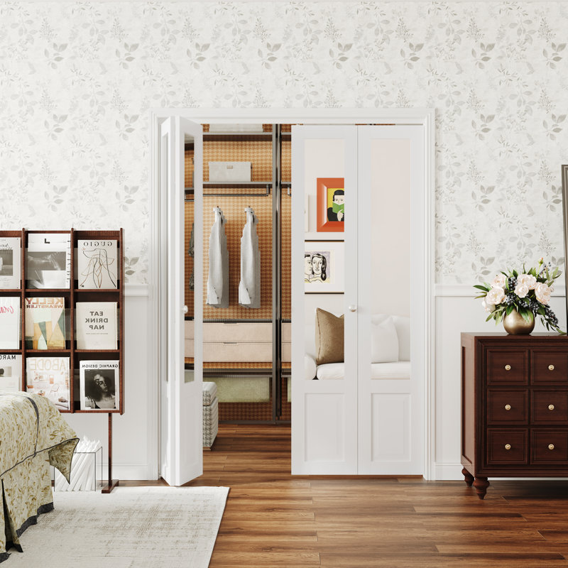Porte intérieure pliante demi-Lite en panneau de fibres à densité moyenne à miroir blanc, portes de placard pliantes avec quincaillerie, blanc