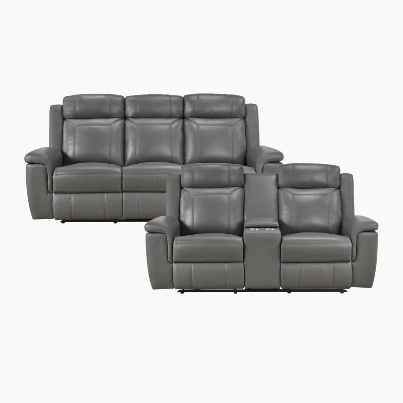 Ensemble de canapé de salon inclinable manuel en cuir fleur 2 pièces Elara Traditional, Dark Grey