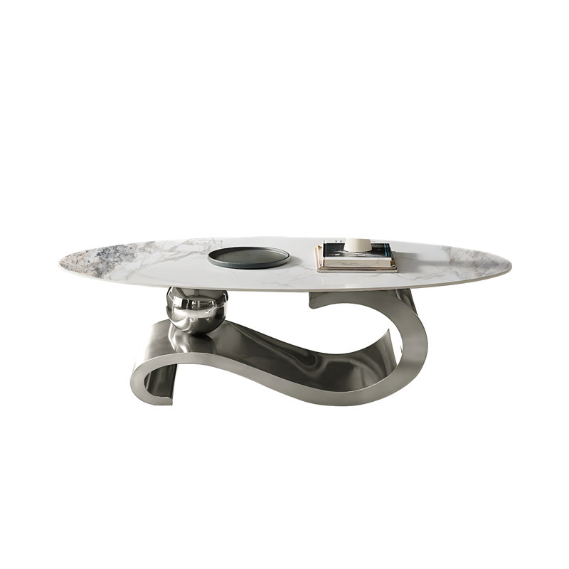 Luxury Oversize 51in. L Oval Coffee Table with Musical Note Base Modern Accent Piece for Living, Silver