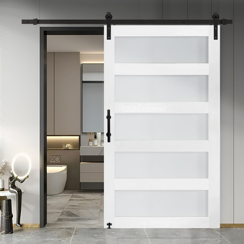 Glass Sliding MDF Barn Sliding Door Hardware Kit, Tempered Frosted Glass, Simple DIY Assembly, 48" x 96"