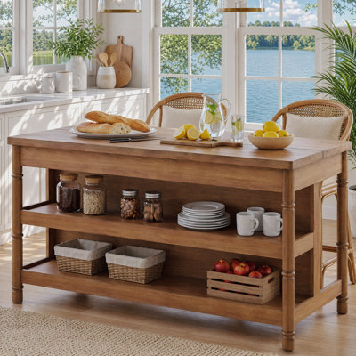 Îlot de cuisine en bois massif avec 2 tablettes de rangement ouvertes, brun