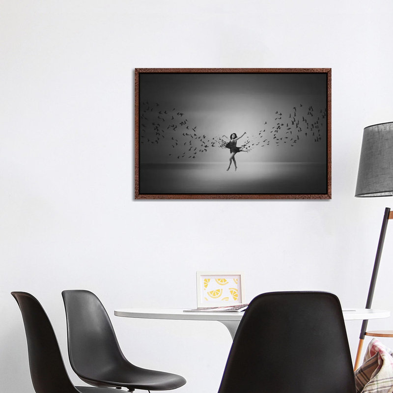 Ballerina Flight Of Birds by Mark Biwit - Print on Canvas, Classic Brown Wood Floater Framed
