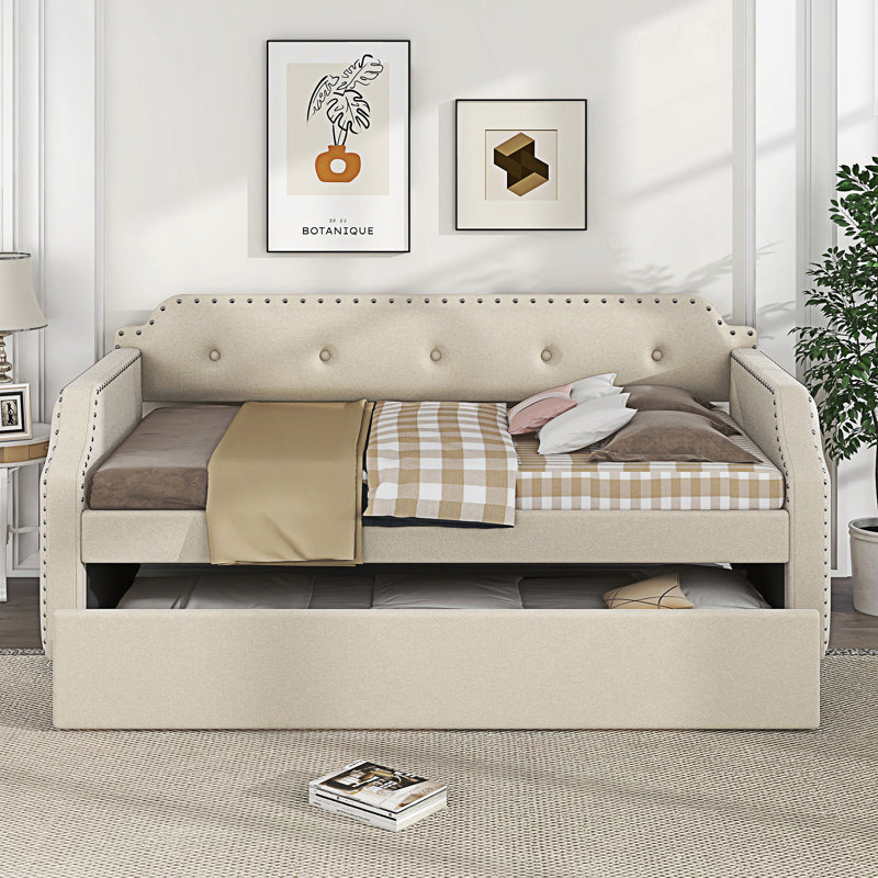 Upholstered Daybed With Trundle, Wood Slat Support,Upholstered Frame Sofa Bed, Blue