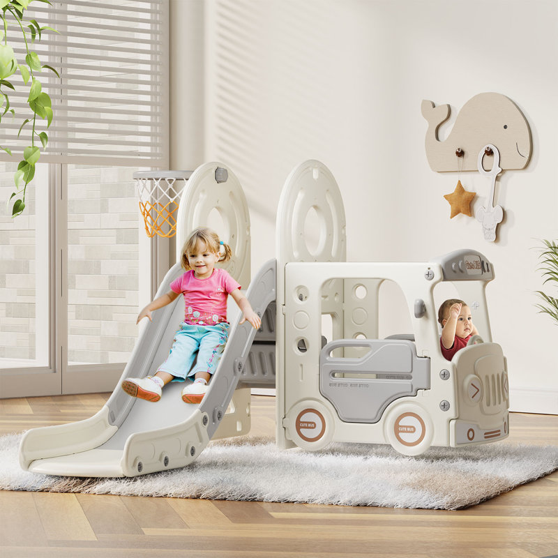 4 in 1 Toddler Slide, Kids Slide with Climber and Bus Playhouse Outdoor Indoor Slide Playset
