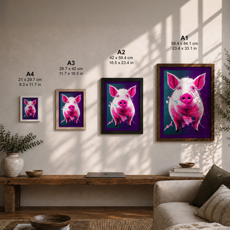 Pink Pig Pop Modern - Print, A4 - 29.7 x 21.0 cm, Walnut