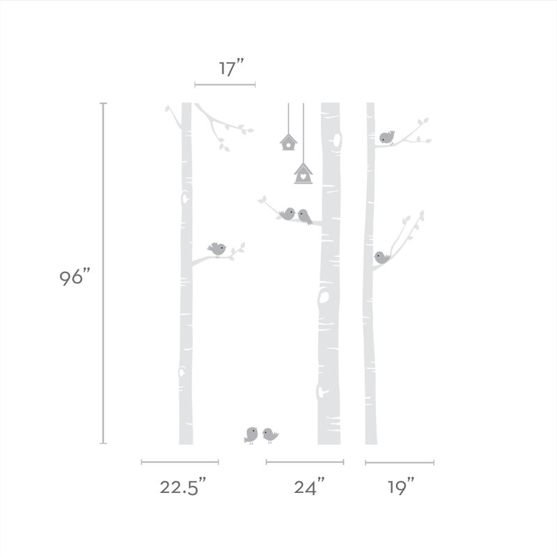 Adhésif décoratif bouleau avec oiseaux, Beige / Gris / Rose, H 96 po x l 70 po