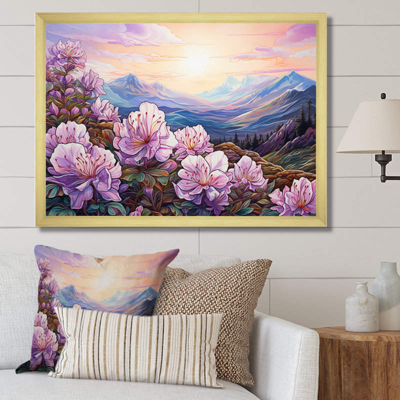 Champ de rhododendrons roses en montagne - impression, Cadre doré simple, H 30 po x l 40 po x P 1,5 po