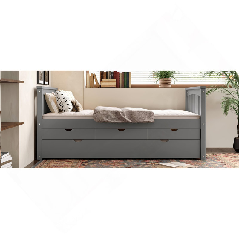 Lit plateforme simple avec tiroirs et lit gigogne, lit de jour en bois massif, sans sommier, Gris