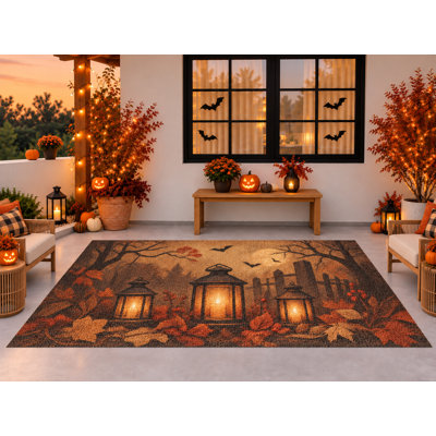 Tapis d'extérieur 152 x 213 cm, motif citrouille et lanterne, décoration d'automne et d'Halloween, tapis bouclé en PVC imperméable, tapis résistant à séchage rapide pour porche, terrasse, balcon ou entrée.