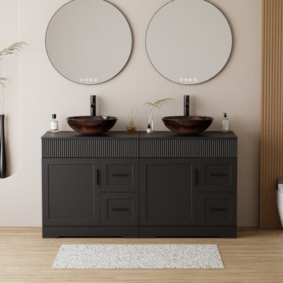 Ensemble de meuble-lavabo autoportant à double cuve 60 po avec plateau en bois manufacturé, lavabo vasque, robinet et drain Ghage, peint à la main résistant à l'eau