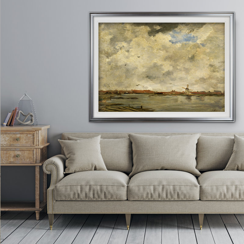 « moulin à vent et maisons », impression, Cadre argenté, H 31 po x l 43 po x P 1,5 po