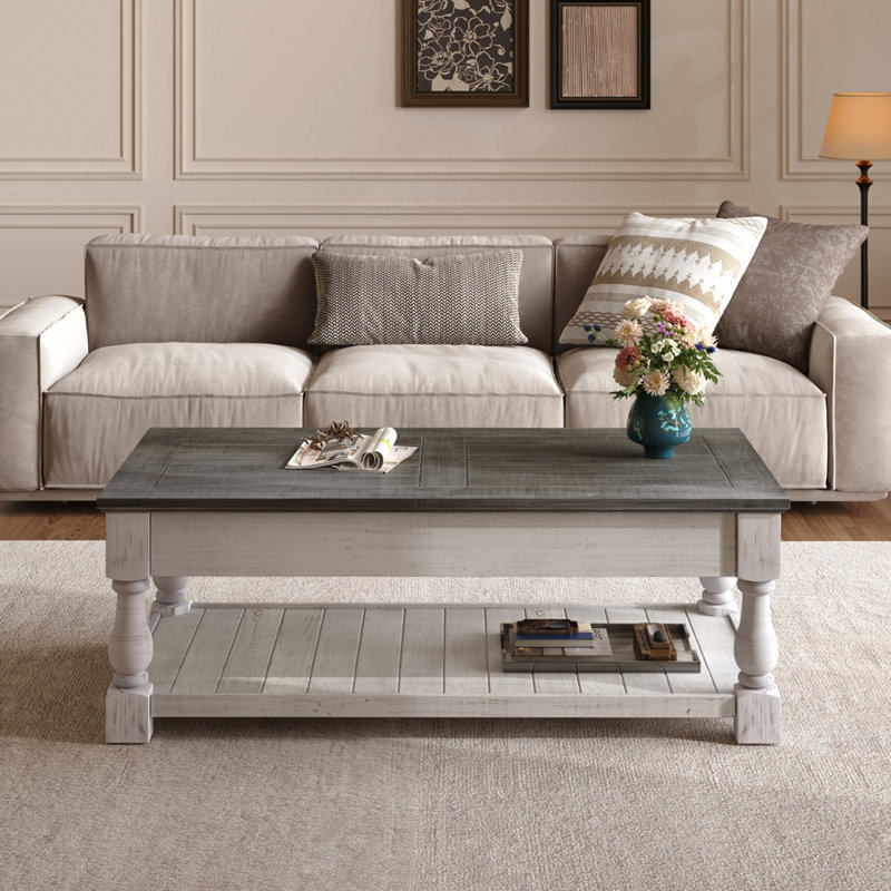 Table basse à plateau relevable Farmhouse, Blanc ancien, Gris antique