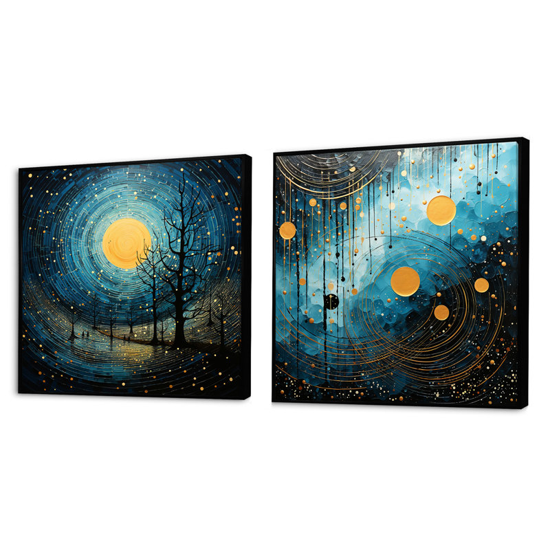 Ensemble de 2 collages carrés sarcelle et noir Minimalisme lune - formes abstraites, Cadre flottant noir, H 16 po x l 33 po