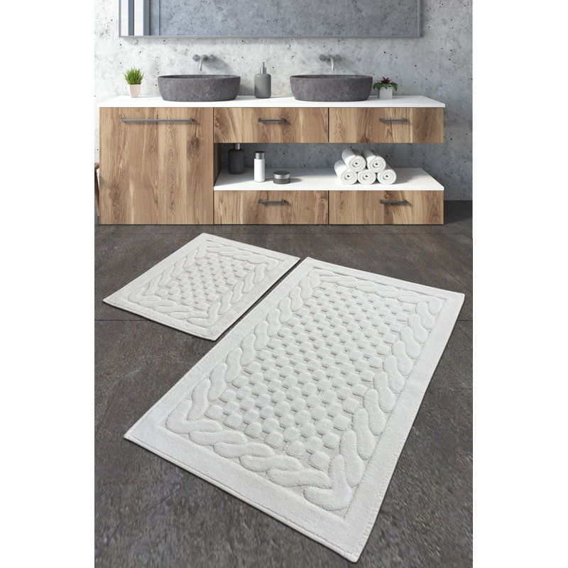 Yazan 2-Piece Set Rectangle Bath Mat, Ecru