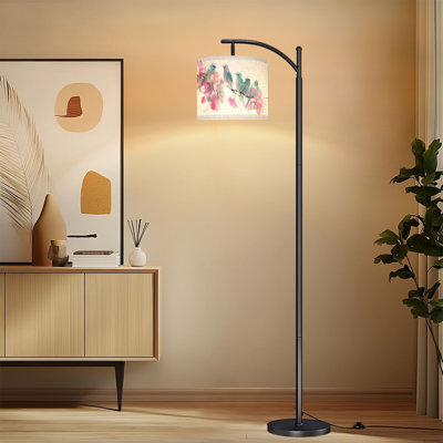 Arc Floor Lamp with Adjustable Lampshade Bird Garden Animals Traditional Decor Birds Flowers Branches Leaves Standing Lamp 3 Color Temperatures Dimmable Tall Pole Lamp with Foot Switch for Bedroom
