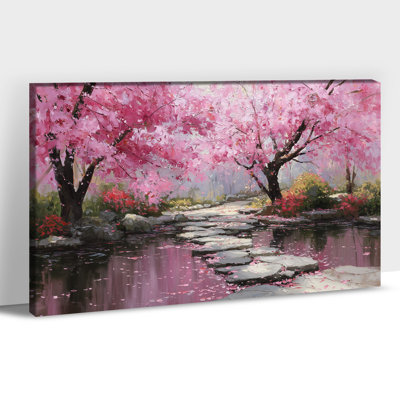 Spring Cherry Blossom Landscape Canvas Wall Art – Tranquil Countryside Stream Nature Scenery Painting Poster, Vintage Farmhouse Canvas Prints Ready to Hang for Living Room Bedroom Decor, 12×24 Inches