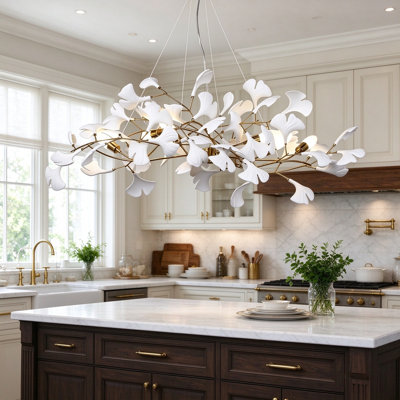 Large Ceramic Ginkgo Leaf Chandeliers with Brass Branch Shaped Frame for Dining Room Bedroom