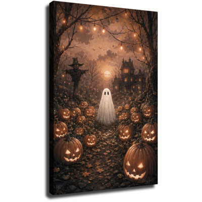 Tableau à l'huile vintage représentant un fantôme se tenant sur un chemin de citrouilles d'Halloween menant à un manoir hanté au coucher du soleil, décoration murale sur toile pour Halloween.