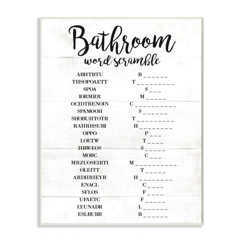 «Bathroom Word Scramble White and Black», impression, Plaque murale, H 13 po x l 19 po x P 0,5 po