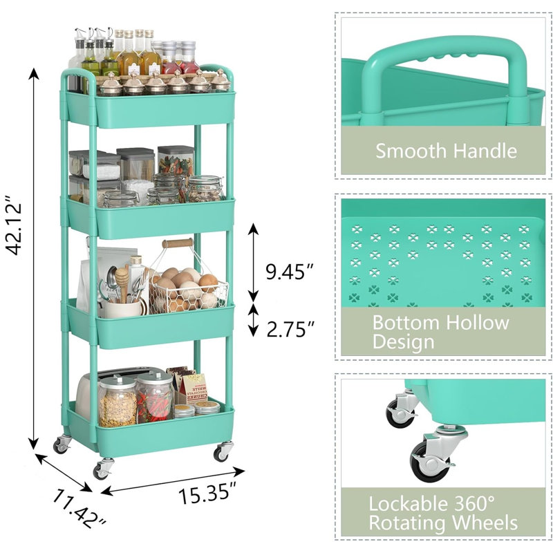 Plastic Rolling Utility Cart with, Green