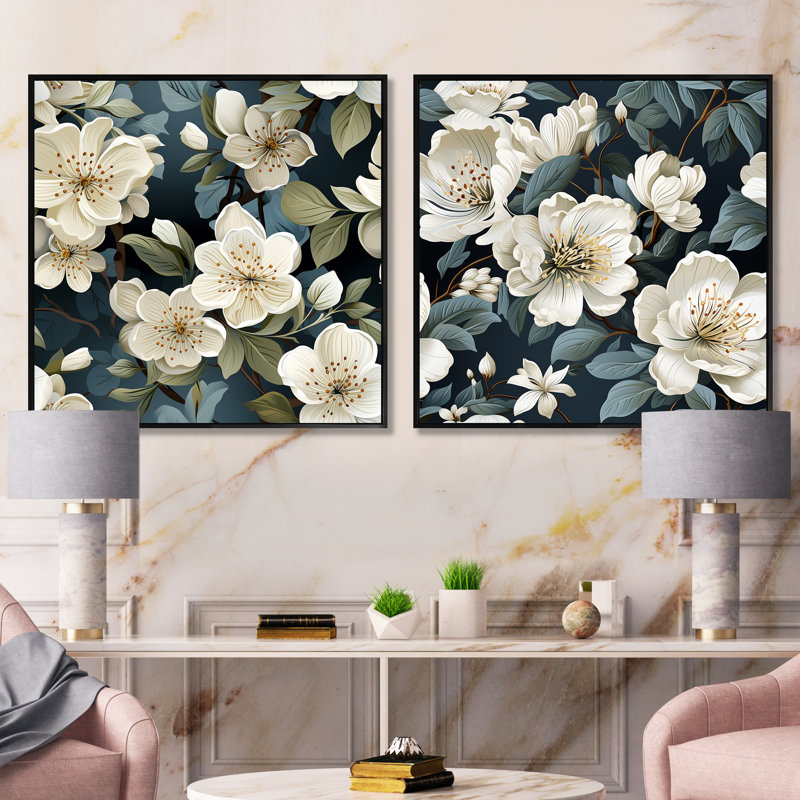 Ensemble de 2 carrés gris et orchidées en fleurs, Cadre flottant noir, H 30 po x l 61 po