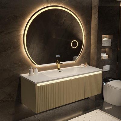 Meuble-lavabo simple en bois massif 59,06 po avec comptoir en céramique et miroir anti-buée rond à DEL