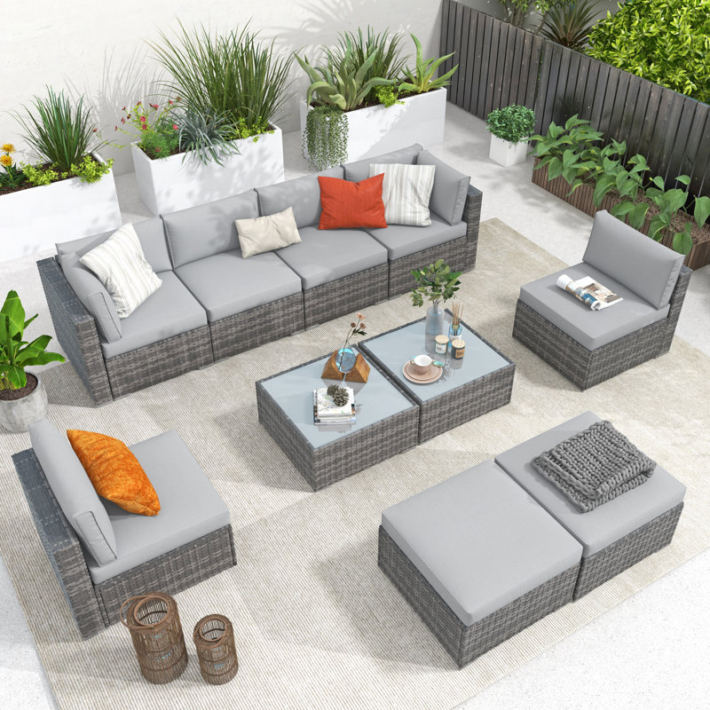 Ensemble de conversation modulaire en rotin 10 pièces avec coussins, Structure grise / coussin gris clair