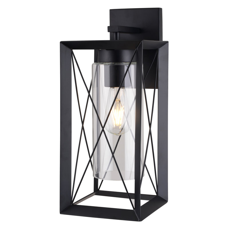 Applique murale d'extérieur à 1 lumière en noir mat H 16,75 po Mabry fabriquée en acier durable, abat-jour en verre transparent, compatible avec les DEL, à utiliser pour la porte d'entrée de patio ou de garage