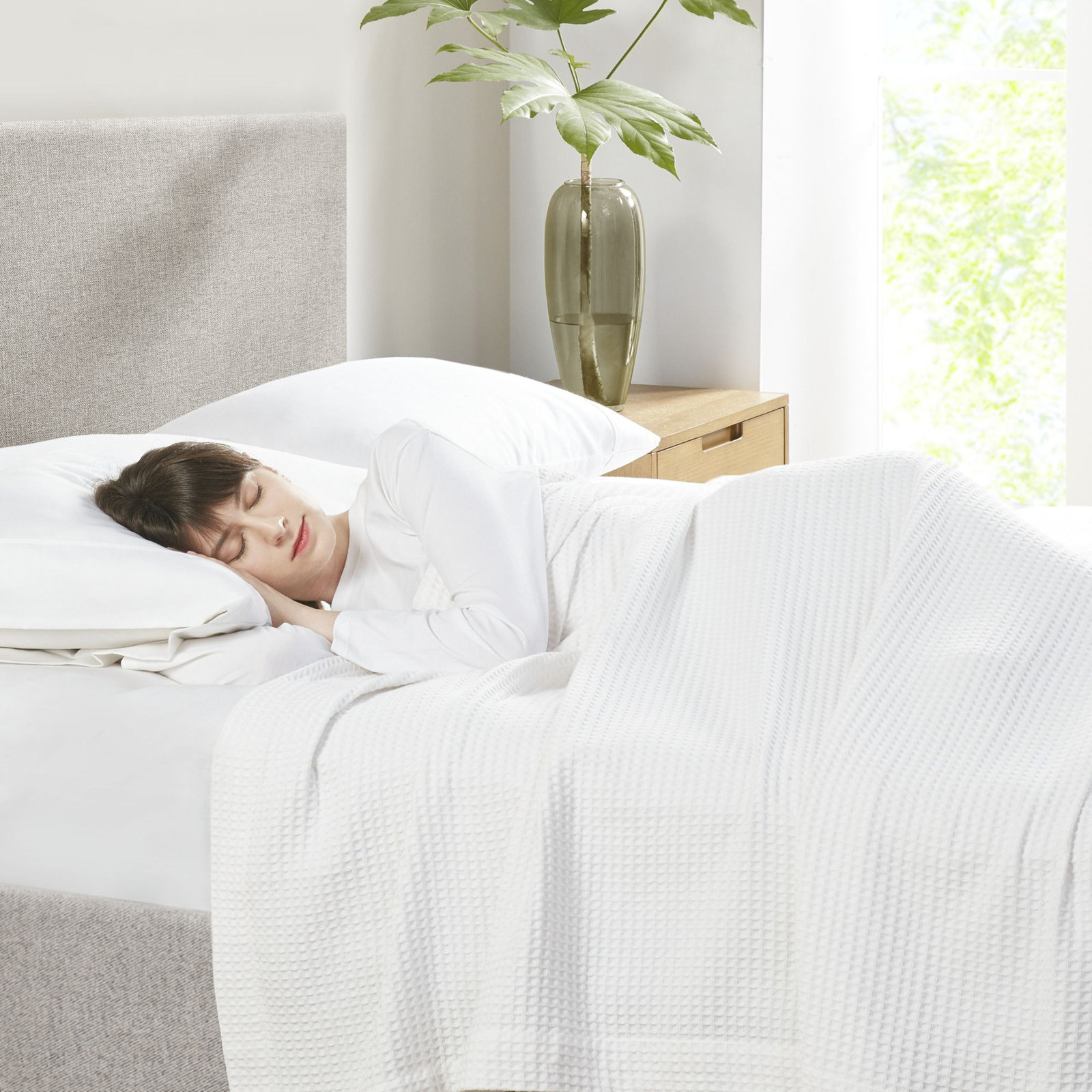 Waffle Weave 100% Cotton Blanket, White, Queen