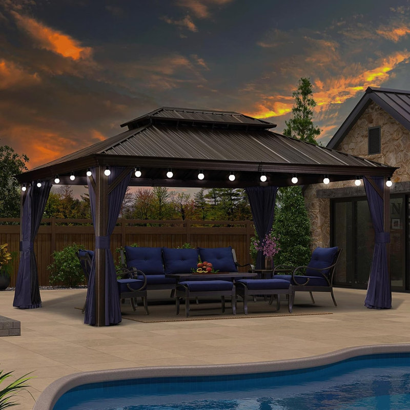 16 Ft. W x 12 Ft. D Aluminum Patio Gazebo with 48 Ft String Lights