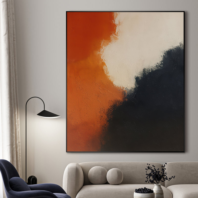 Très grande reproduction d'art sur toile - Abstrait couleur crème en orange brûlé et noir, décoration pour le salon ou la chambre à coucher - «Assemblage requis du cadre (cadre non fini)»