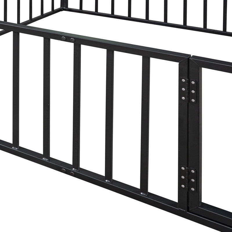 Queen Size Metal Floor Bed Frame With Fence And Door, Black, Black, Queen
