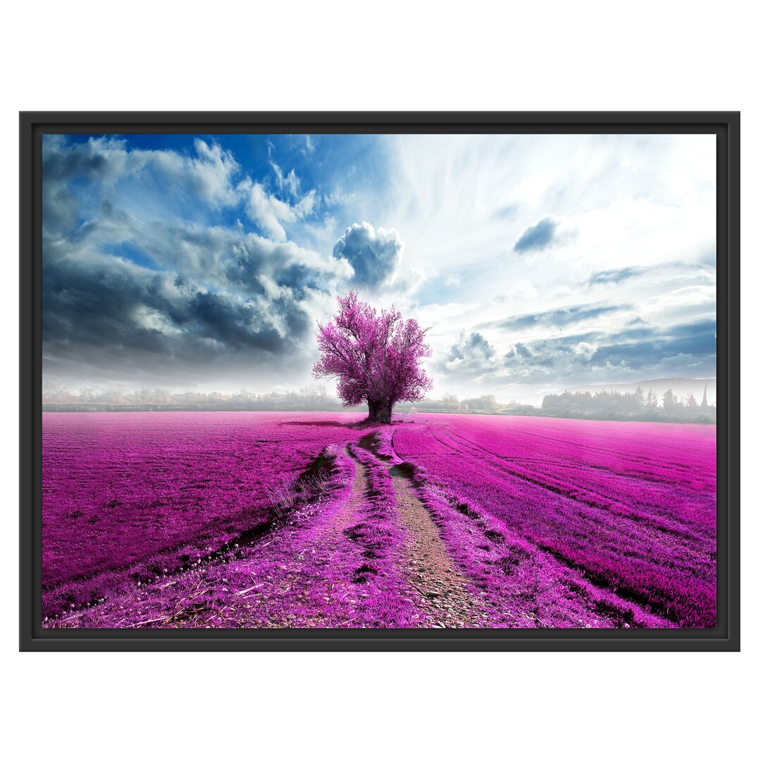 Gerahmtes Wandbild Pinkes Feld mit pinkem Baum